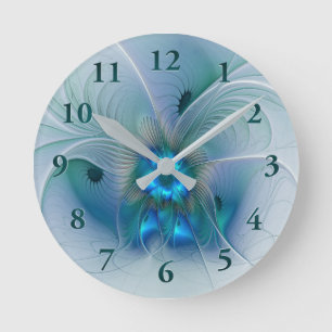 Standing Ovations, Abstract Blue Turquoise Fractal Round Clock