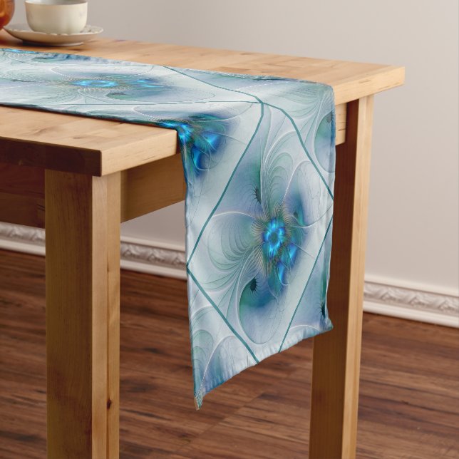 Standing Ovations, Abstract Blue Turquoise Fractal Short Table Runner (In Situ)