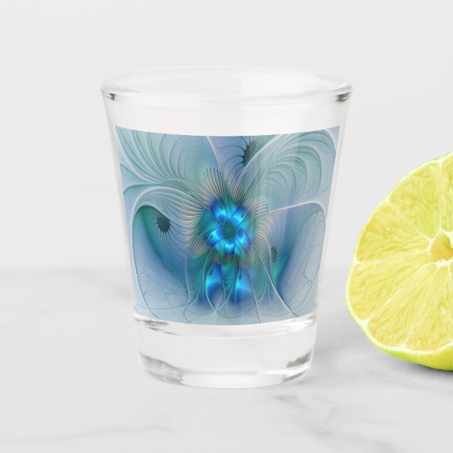 Standing Ovations, Abstract Blue Turquoise Fractal Shot Glass (Front)