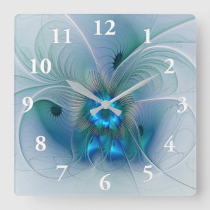 Standing Ovations, Abstract Blue Turquoise Fractal Square Wall Clock