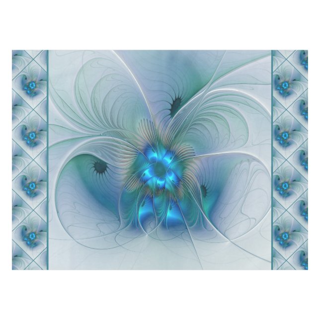 Standing Ovations, Abstract Blue Turquoise Fractal Tablecloth (Front (Horizontal))