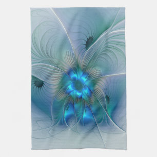 Standing Ovations, Abstract Blue Turquoise Fractal Tea Towel