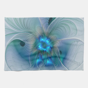 Standing Ovations, Abstract Blue Turquoise Fractal Tea Towel