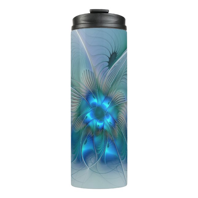 Standing Ovations, Abstract Blue Turquoise Fractal Thermal Tumbler (Front)