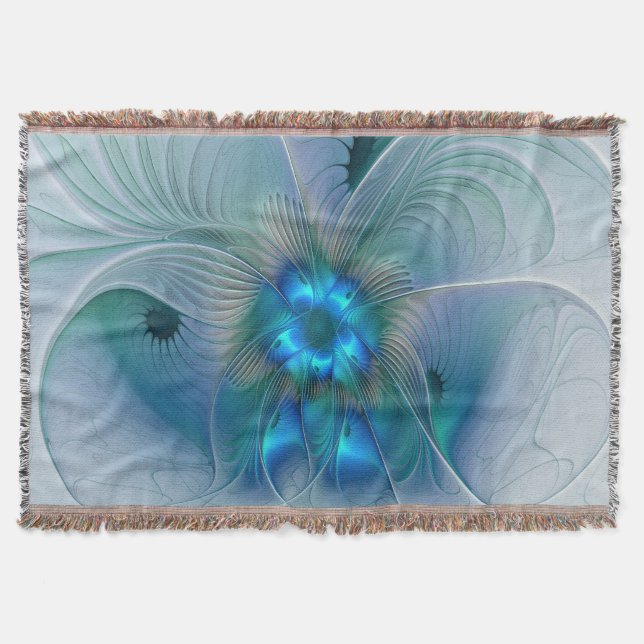 Standing Ovations, Abstract Blue Turquoise Fractal Throw Blanket (Front)