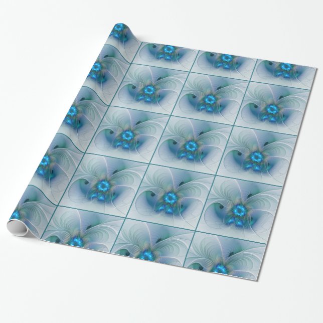 Standing Ovations, Abstract Blue Turquoise Fractal Wrapping Paper (Unrolled)