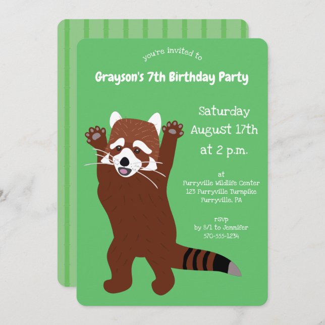 Standing Red Panda Cute Green Custom Party Invitation (Front/Back)