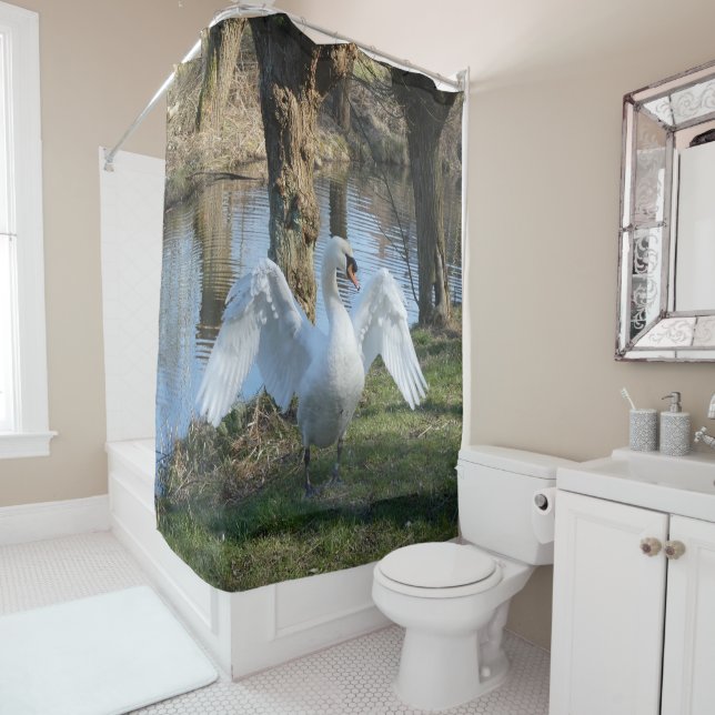 Standing Swan with Spread Wings Shower Curtain (In Situ)