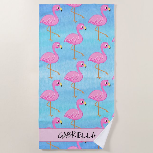 Standing Tall Pink Flamingo Personalised Beach Towel (Front)