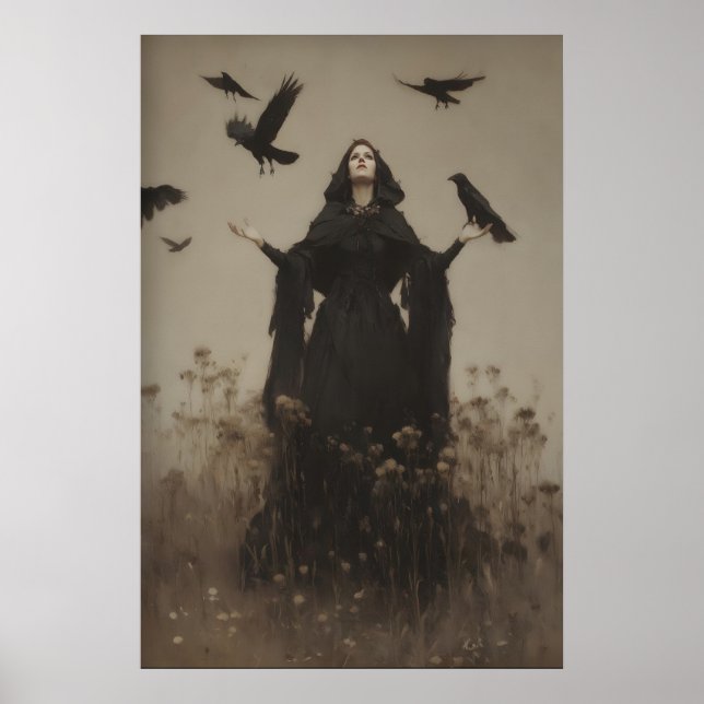 Standing Woman in Black Surrounded by Crows Gothic Poster (Front)