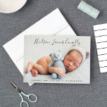 Standout Name Modern Script Baby Boy Photo Birth Announcement<br><div class="desc">Simply stylish photo birth announcement card to introduce your handsome newborn baby boy features a 5 x 7" newborn photo with modern calligraphy script soft black overlay text that can be personalised with baby's name and birth stats. A pattern of soft black and white horizontal stripes dresses up the back...</div>