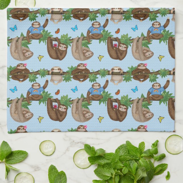 Stanley Sloth & friends blue tea towel (Folded)