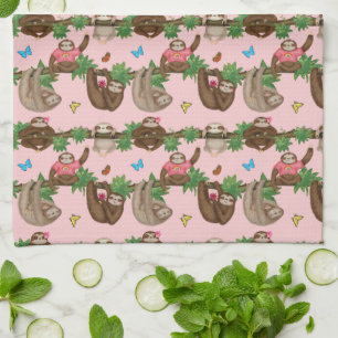 Stanley Sloth & friends pink tea towel