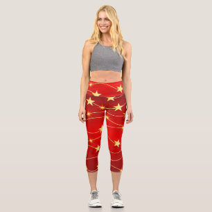 Star Adorned Ruby Red Pattern Capri Leggings
