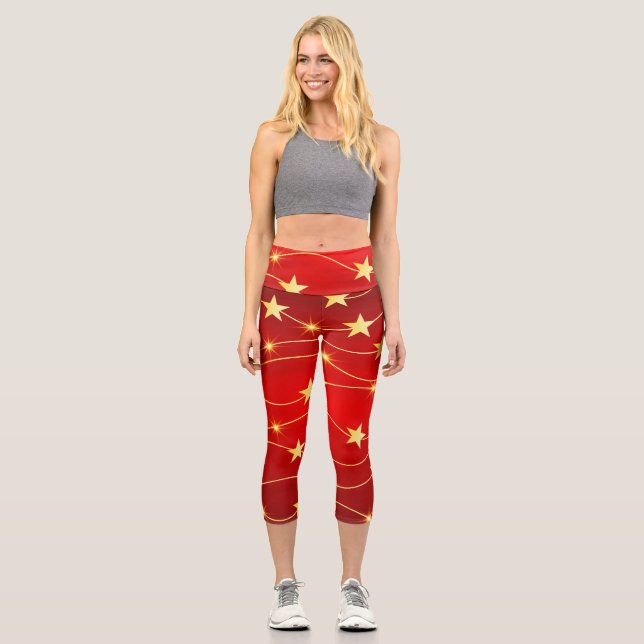 Star Adorned Ruby Red Pattern  Capri Leggings (Front)