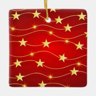 Star Adorned Ruby Red Pattern Ceramic Ornament