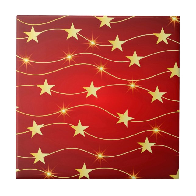 Star Adorned Ruby Red Pattern  Ceramic Tile (Front)