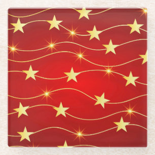 Star Adorned Ruby Red Pattern Glass Coaster