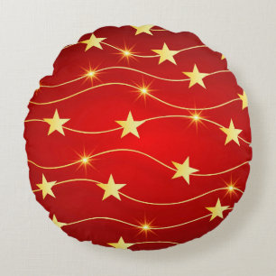 Star Adorned Ruby Red Pattern Round Cushion