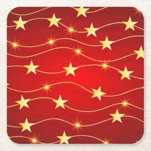Star Adorned Ruby Red Pattern Square Paper Coaster
