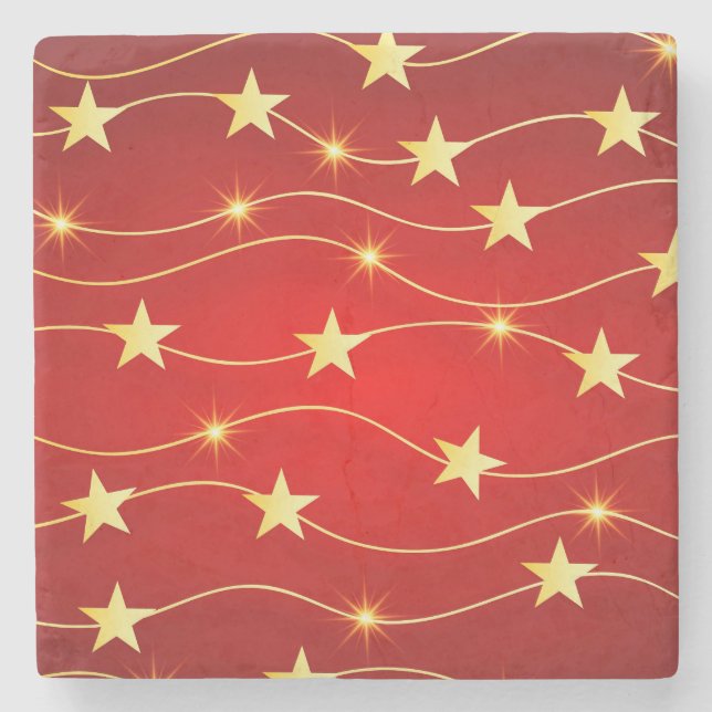 Star Adorned Ruby Red Pattern  Stone Coaster (Front)