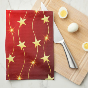 Star Adorned Ruby Red Pattern  Tea Towel