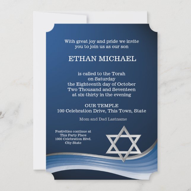 Star and Blue Wave Bar Mitzvah Invitation (Front)