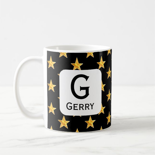 Star Any Monogram Yellow Black First Name Initial Coffee Mug (Left)