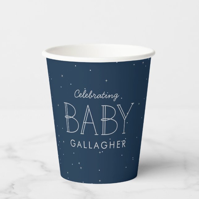Star baby shower navy blue personalised paper cups (Front)