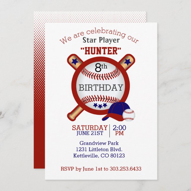 Star Baseball Player Birthday - Dark Red and Blue Invitation (Front/Back)