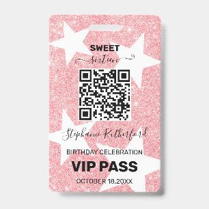 Star Birthday Party VIP PASS Pink Glitter ID Badge