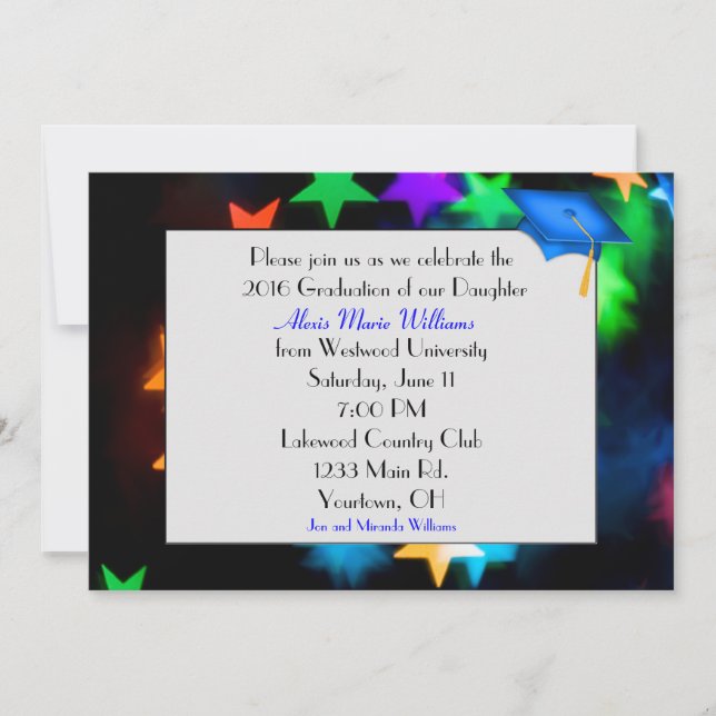 Star Bokeh with Blue Graduation Hat Invitation (Front)