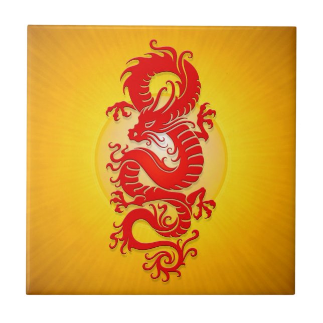 Star Burst Chinese Dragon, red and yellow Tile (Front)