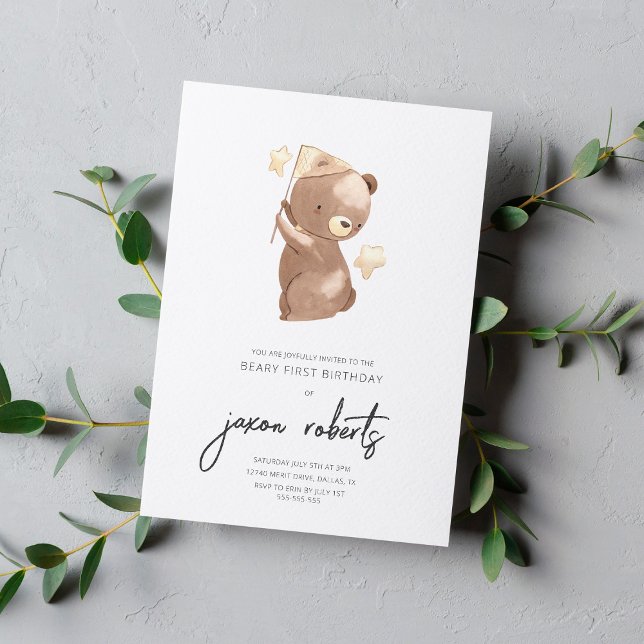 Star Catcher Bear Cute Watercolor 1st Birthday Invitation (Creator Uploaded)