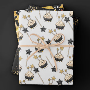 Star Celebration   Black and Gold Cupcake Party Wrapping Paper Sheet