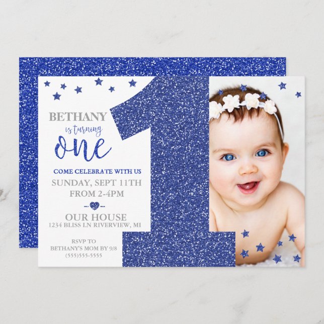Star Confetti First Birthday Faux Glitter Invite (Front/Back)