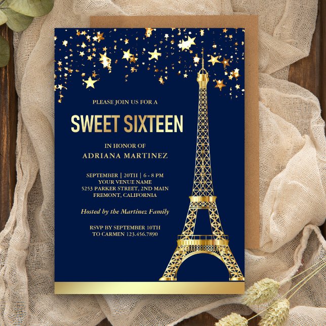 Star Confetti Gold Foil Eiffel Tower Sweet Sixteen Invitation (Creator Uploaded)