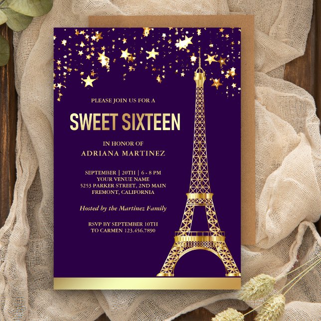 Star Confetti Gold Foil Eiffel Tower Sweet Sixteen Invitation (Creator Uploaded)