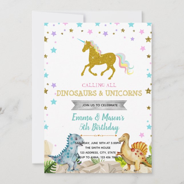 Star dinosaur unicorn party theme invitation (Front)