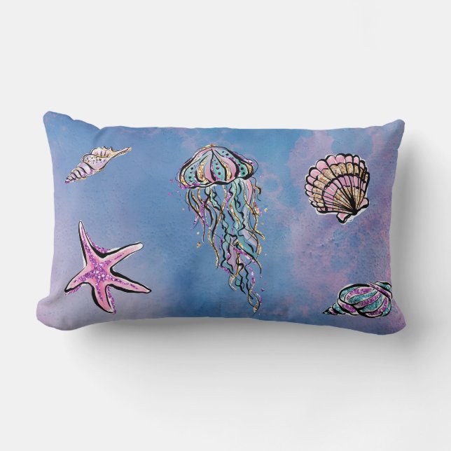 *~* Star Fish Sea Shells Abstract Beach Watercolor Lumbar Cushion (Front)
