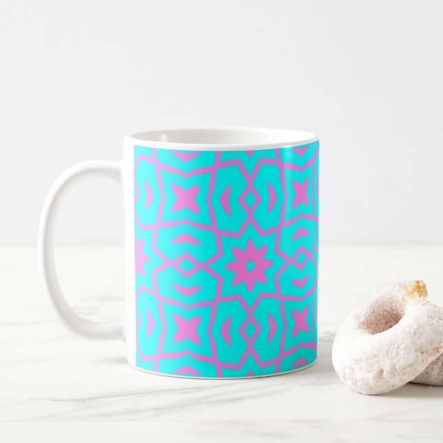 Star Flower Pattern in Pink and Turquoise Coffee Mug (With Donut)