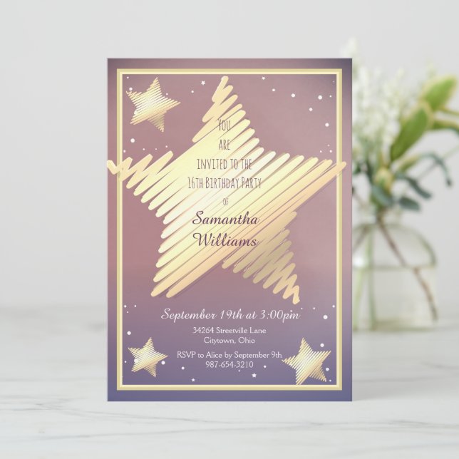Star Gold Pink Purple Sweet Sixteen Birthday Invitation (Standing Front)