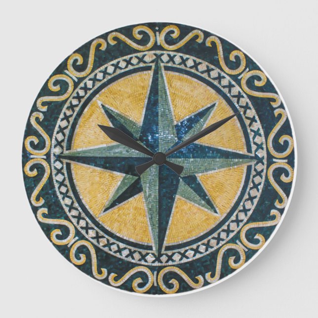 Star Green Compass Round Medallion Mosaic Large Clock (Front)