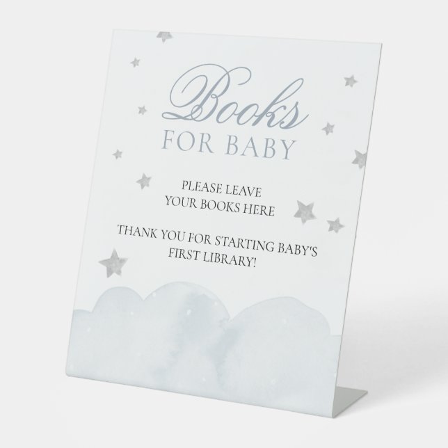 Star Grey Blue Baby Shower Books For Baby Pedestal Sign (Front)
