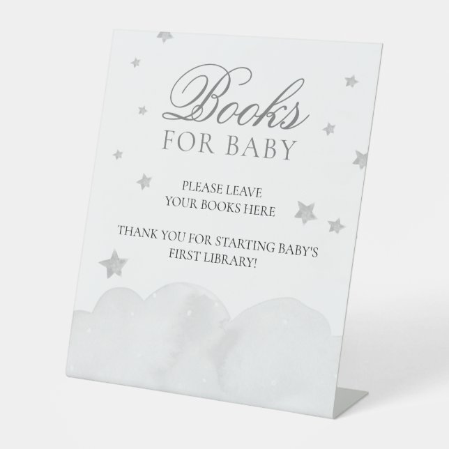 Star Grey Blue Baby Shower Books For Baby Pedestal Sign (Front)