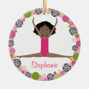 Star Gymnast Black Hair in Pinks Personalised Ceramic Tree Decoration