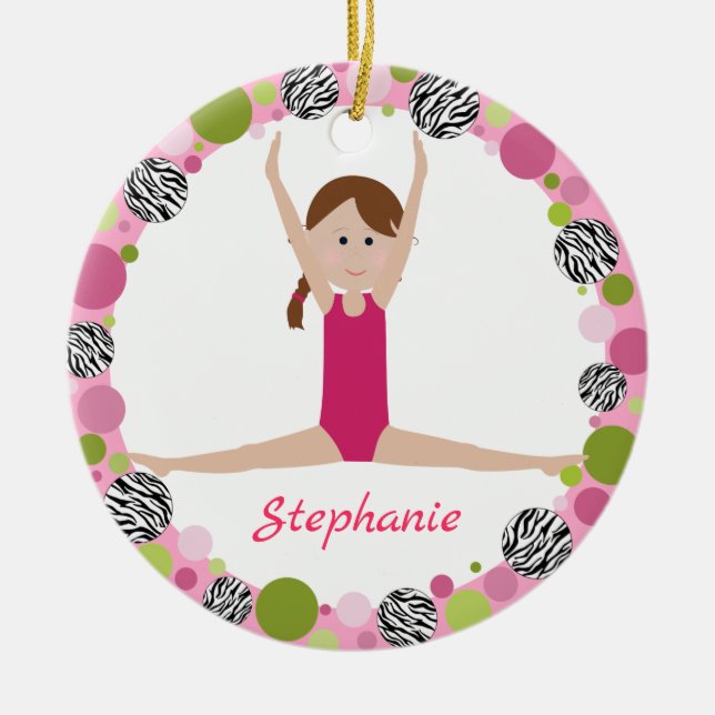 Star Gymnast Brown Braid in Pinks Ceramic Tree Decoration (Front)