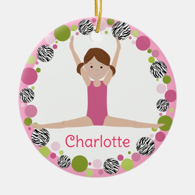 Star Gymnast Brown Pony Tails in Pinks Ceramic Ornament (Front)