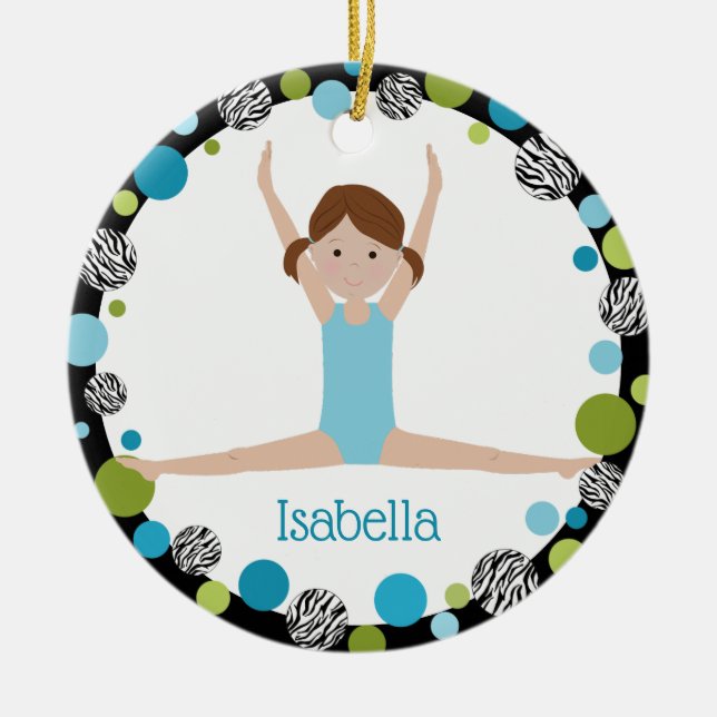Star Gymnast Brown Ponytails In Aqua and Green Ceramic Ornament (Front)