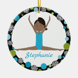 Star Gymnast Dark Hair Ponytail in Aqua and Green Ceramic Tree Decoration